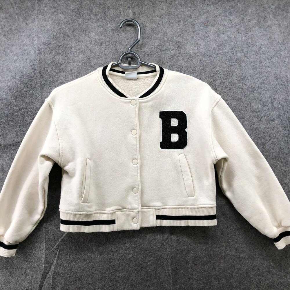 Zara Girls 9-10 Varsity Sweatshirt Jacket Brooklyn B Bomber Ivory School Crop